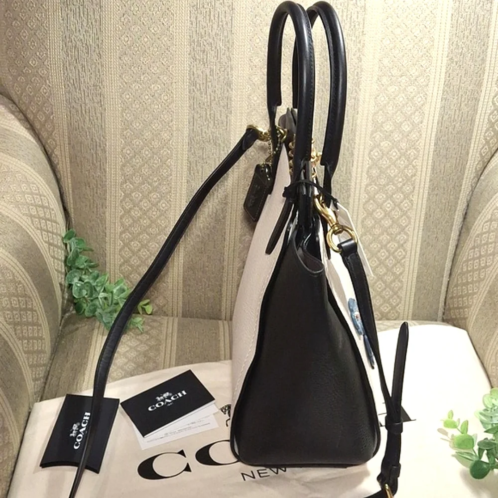 Coach Two-Tone Black and Cream Floral Appliqué Tote